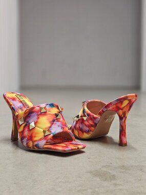 Colorful Tie-Dye Studded High Heel Mules With Quilted Detail & Open Toe Design F